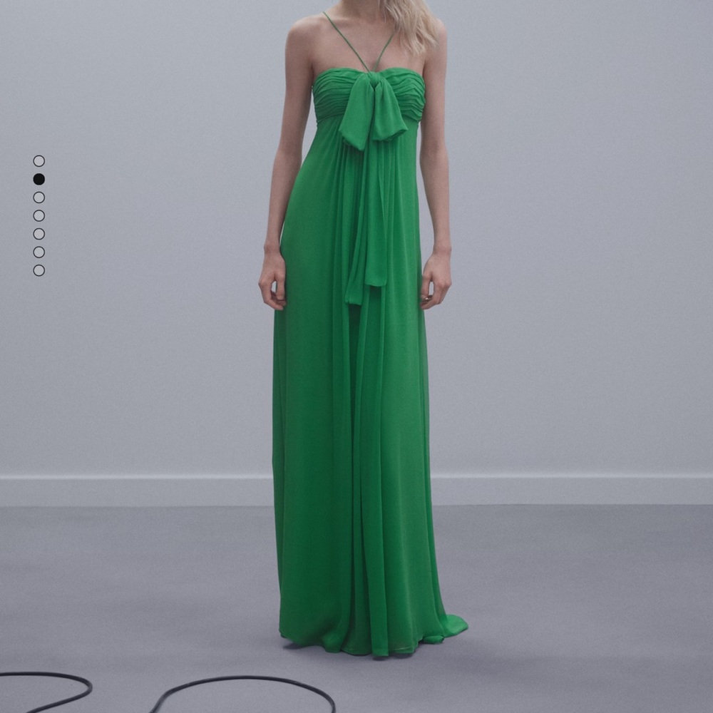 MANGO draped panel dress with bow in green.